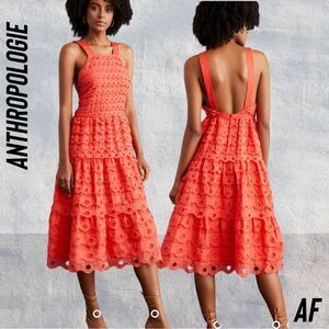 ANTHROPOLOGIE EYELET RUFFLED HALTER TOP MIDI DRESS IN CORAL BLUSH NEW SIZE 8